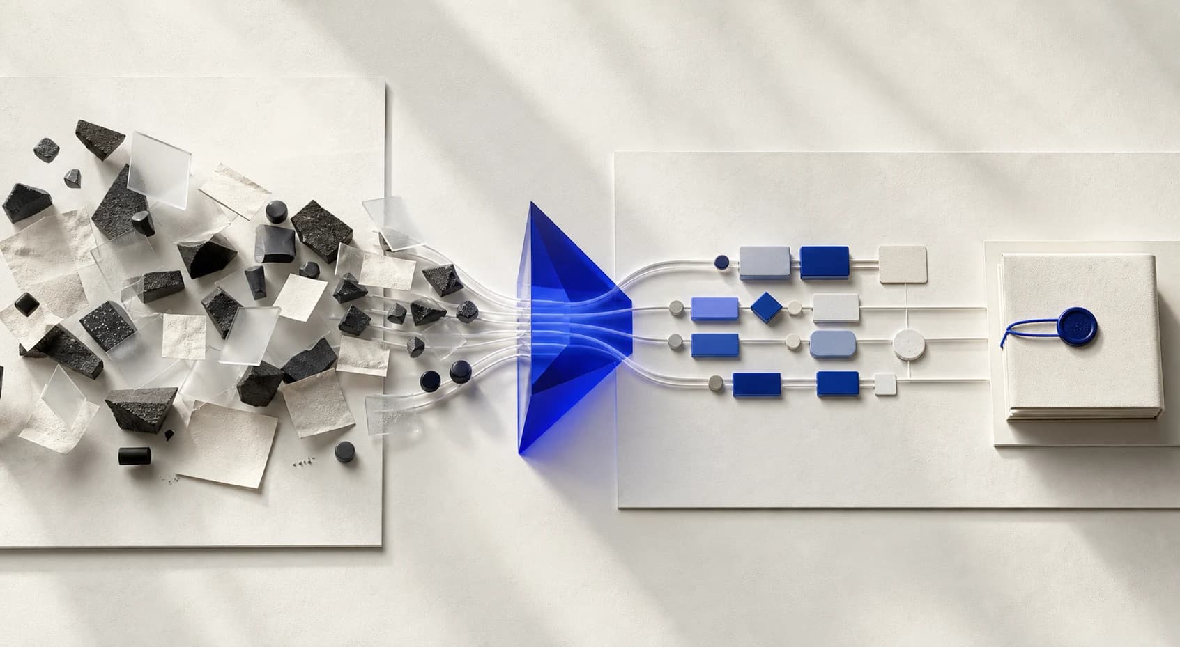 Fragmentos de um desafio atravessando uma estrutura azul e se transformando em um processo organizado
